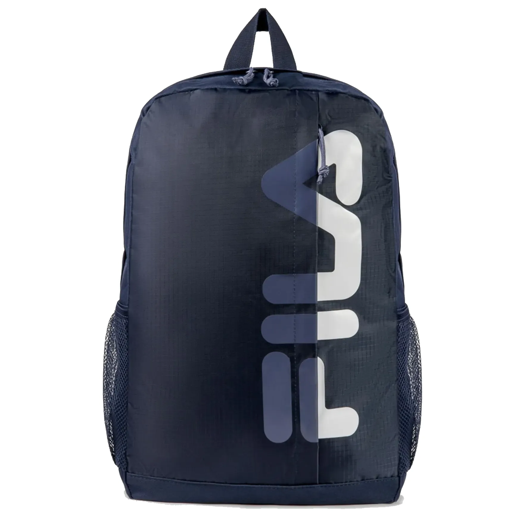 Mochila esportiva FILA azul marinho com logo branco e detalhes em cinza, vista frontal com bolsos laterais e alças acolchoadas